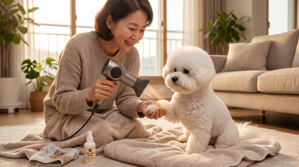 강아지 발을 건조시키는 보호자