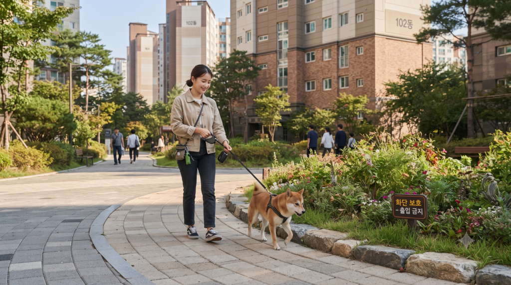 강아지 산책 중 화단 접근 주의 모습