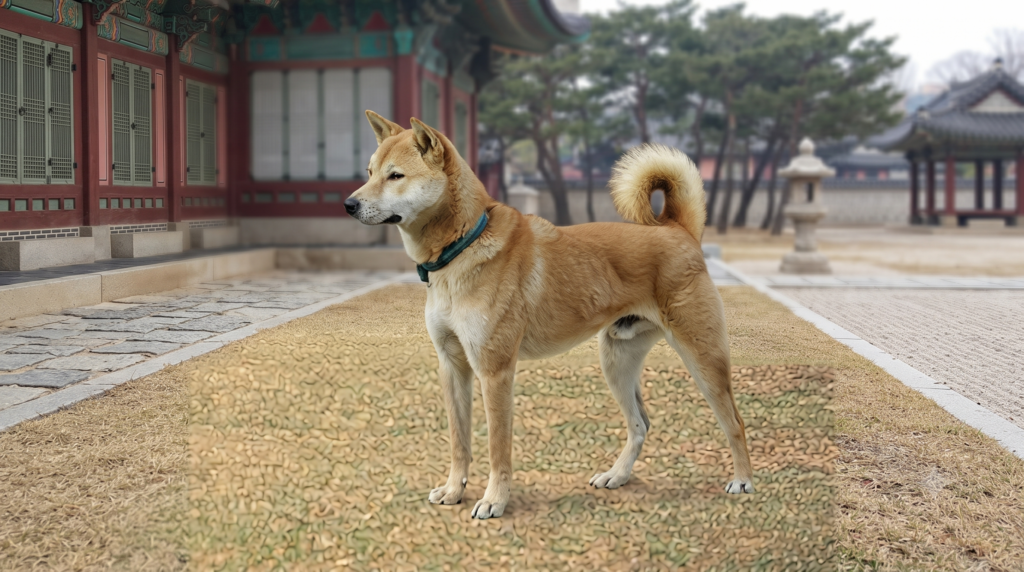 진돗개가 야외에 서 있는 모습